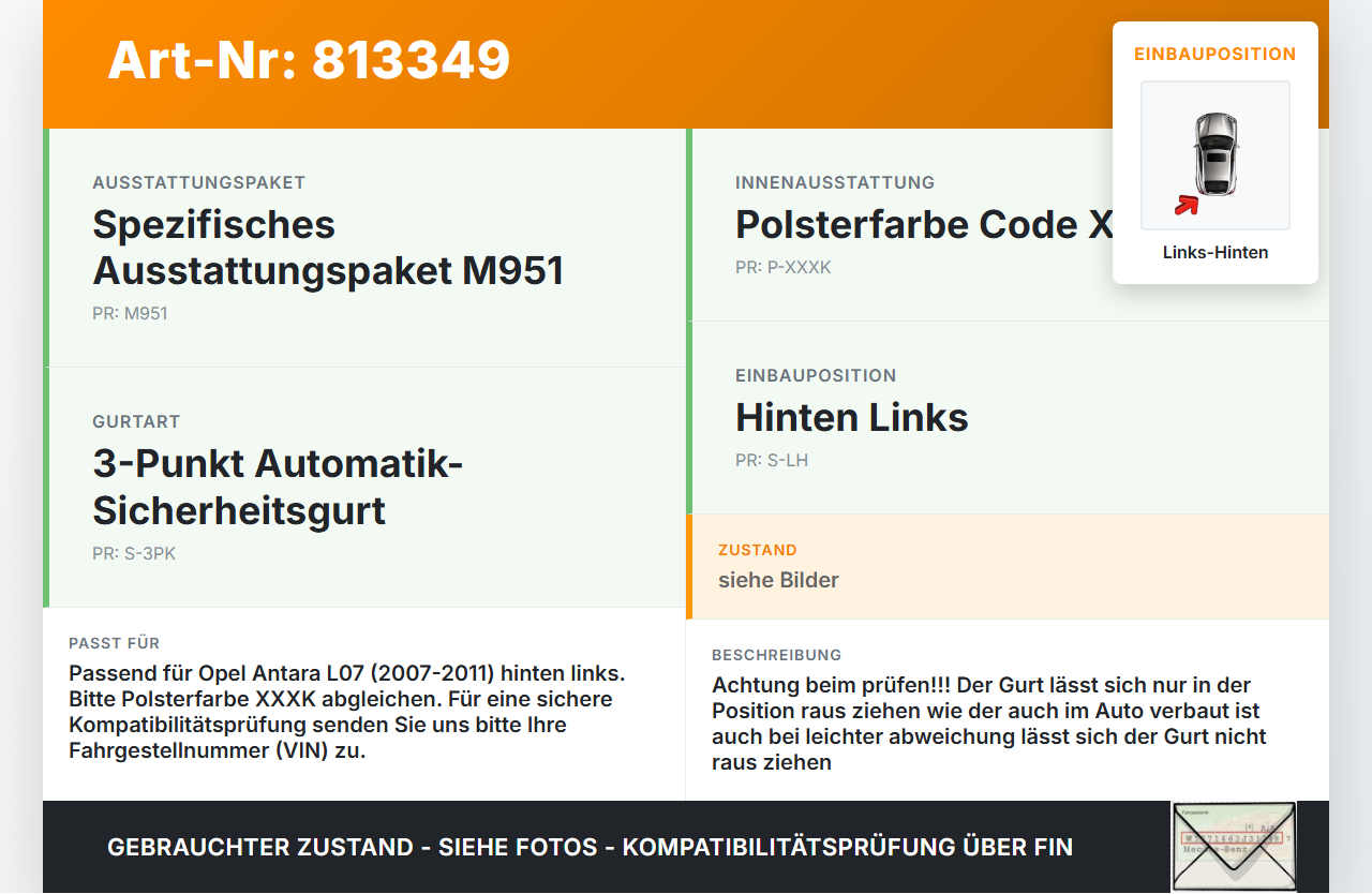 Opel Antara L07 07-11 Gurt Sicherheitsgurt Links Hinten Opel Antara L07 07-11 09.02.2007 SG-627 gebraucht Vorschau 3