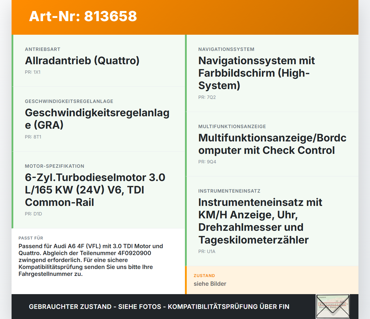 Audi A6 4F 6C QU 05-08 TDI 3,0 165KW Kombiinstrument Tacho Audi A6 4F 6C QU 05-08 02.01.2004 4F0920900 gebraucht Vorschau 3
