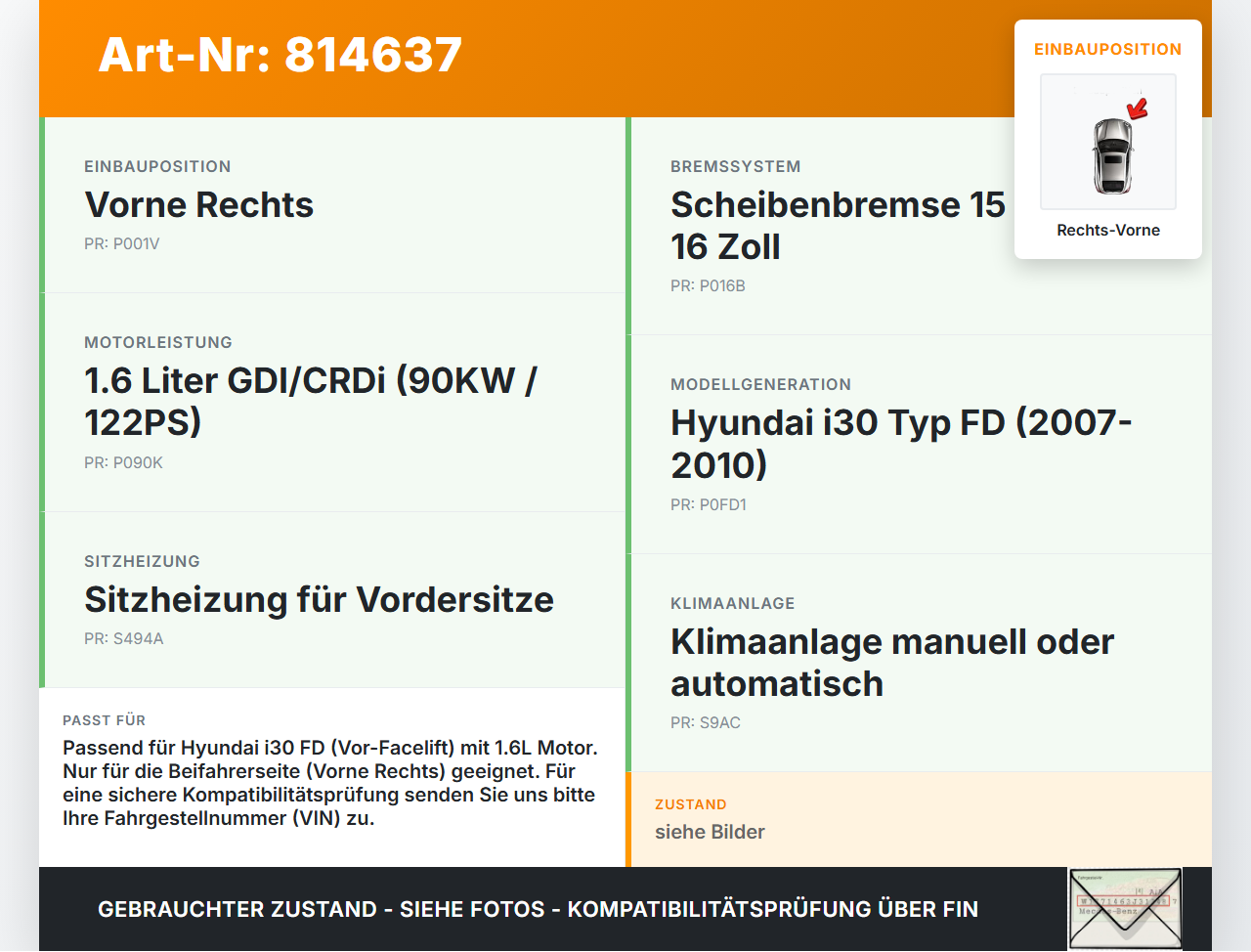 Hyundai I30 FD 07-10 1,6 90KW Bremssattel Bremszange Vorne Rechts Hyundai I30 FD 07-10 21.12.2007 gebraucht Vorschau 3