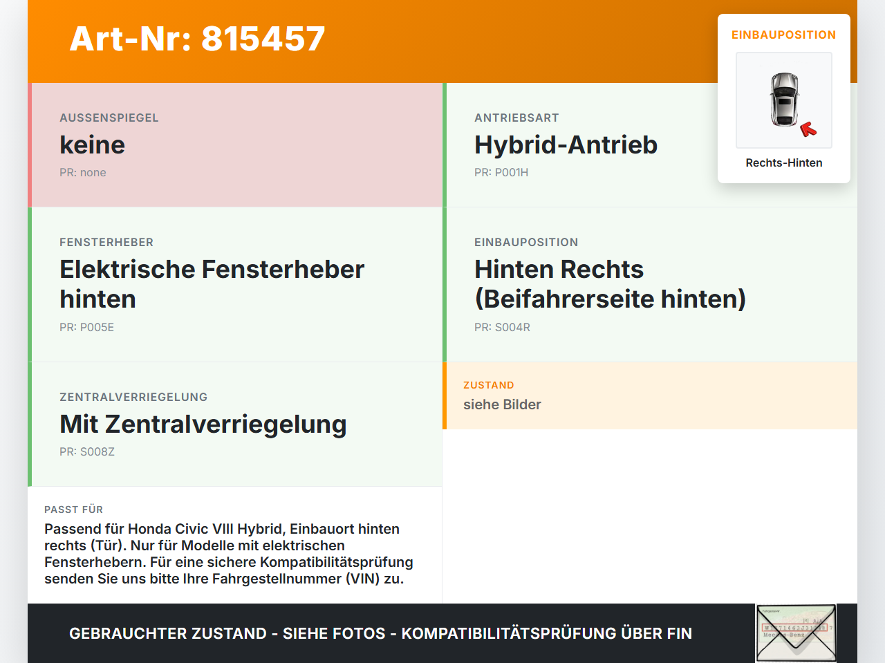 Honda Civic VIII Hybrid 07-10 Lim Kabelbaum Leitungssatz für Tür und Fensterheber Hinten Rechts Honda Civic VIII... Vorschau 3