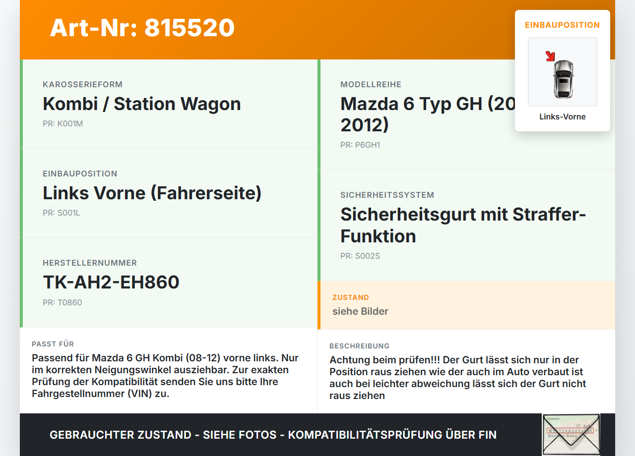 Mazda 6 GH 08-12 Kombi Gurt Sicherheitsgurt Links Vorne Mazda 6 GH 08-12 11.03.2009 TK-AH2-EH860 gebraucht Vorschau 3