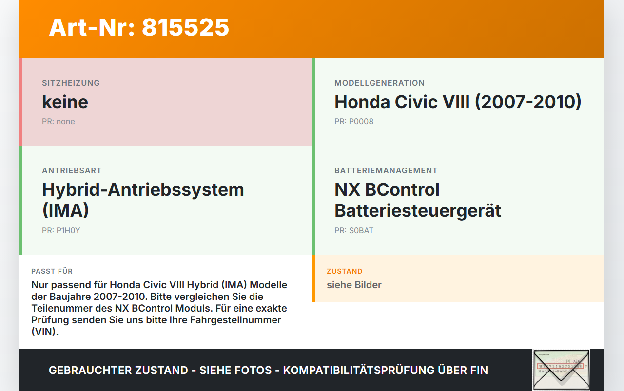 Honda Civic VIII Hybrid 07-10 Steuergerät ECU Modul SG NX BControl für Batterie Honda Civic VIII Hybrid 07-10... Vorschau 3