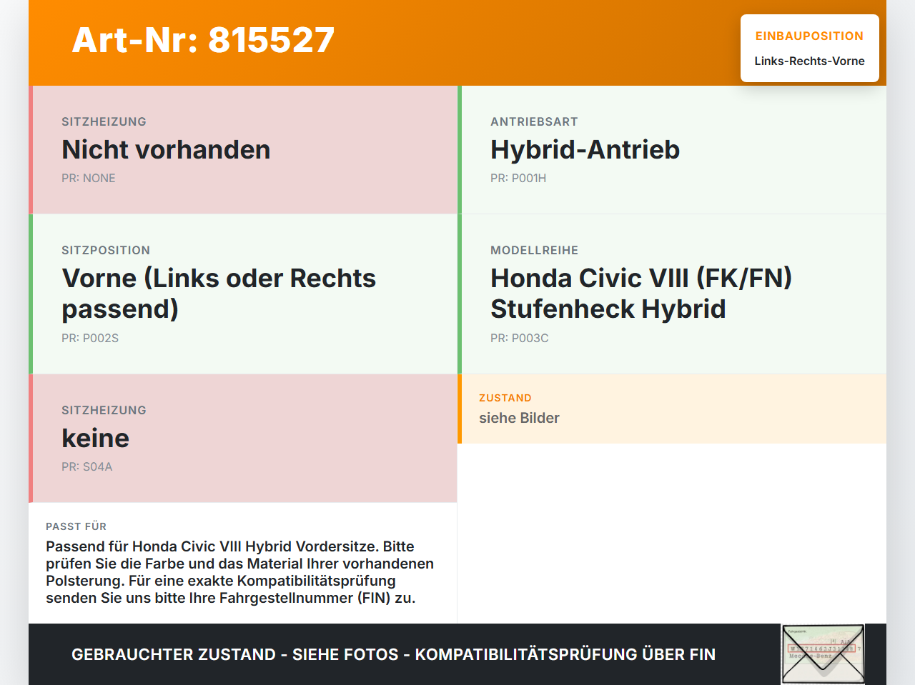 Honda Civic VIII Hybrid 07-10 Lim Kopfstütze für Beifahrer Sitz Rechts oder Links Vorne Honda Civic VIII Hybrid... Vorschau 3