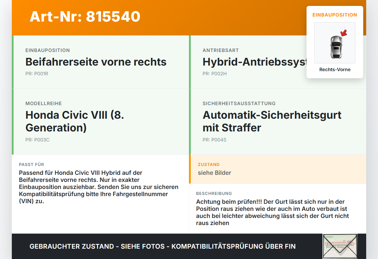 Honda Civic VIII Hybrid 07-10 Lim Gurt Sicherheitsgurt Gurtstraffer Beifahrer Rechts Vorne Honda Civic VIII Hybrid... Vorschau 3