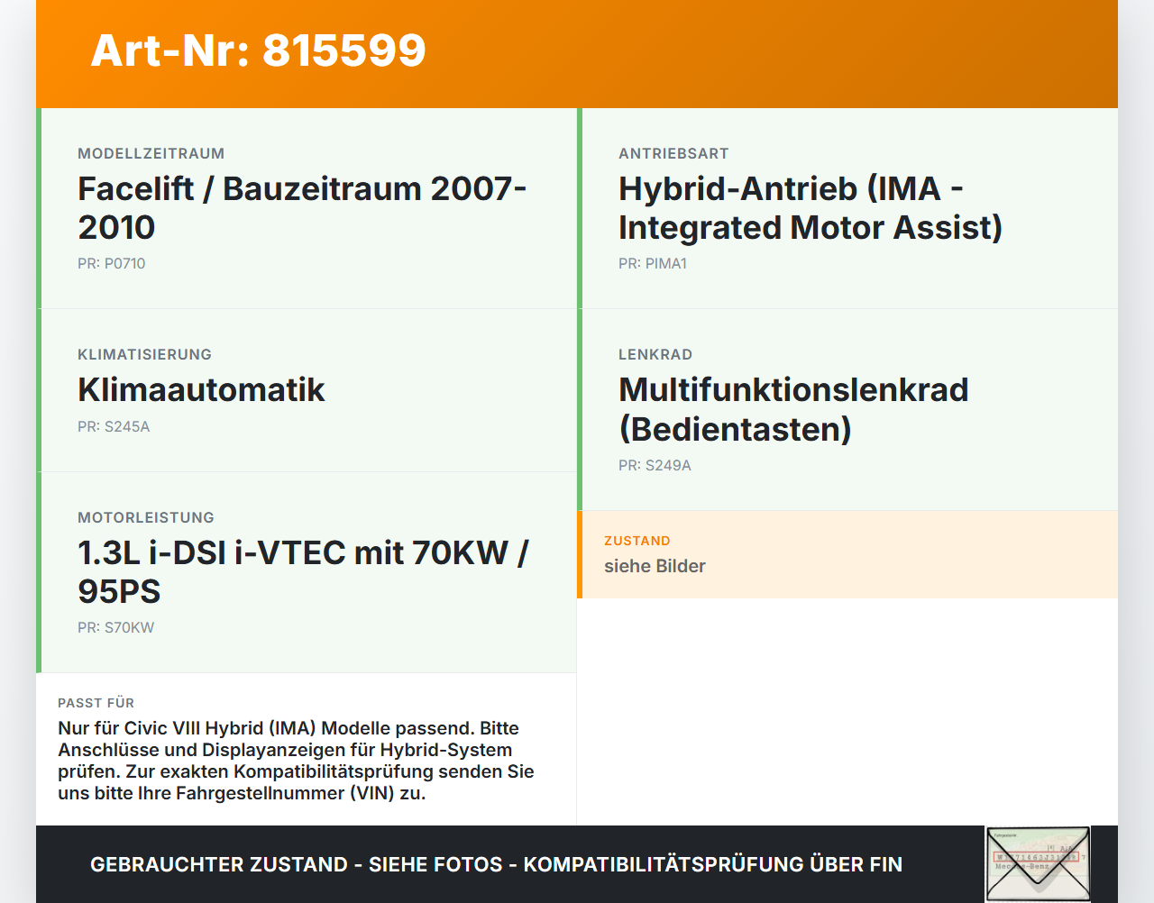 Honda Civic VIII Hybrid 07-10 IMA 1,3 70KW Kombiinstrument Tacho Honda Civic VIII Hybrid 07-10 15.01.2005... Vorschau 3