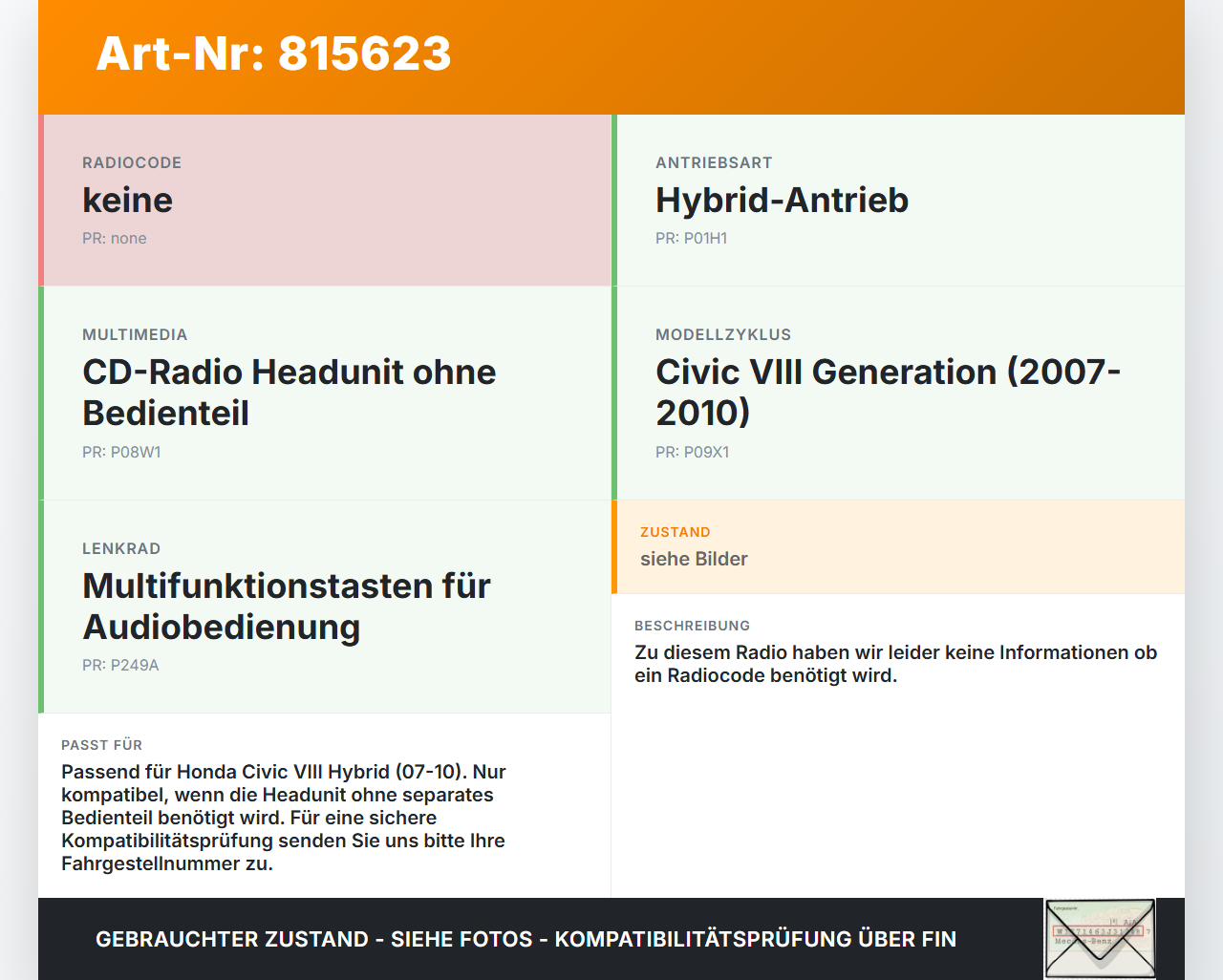 Honda Civic VIII Hybrid 07-10 Autoradio CD-Radio Multimedia ohne Bedienteil Honda Civic VIII Hybrid 07-10... Vorschau 3