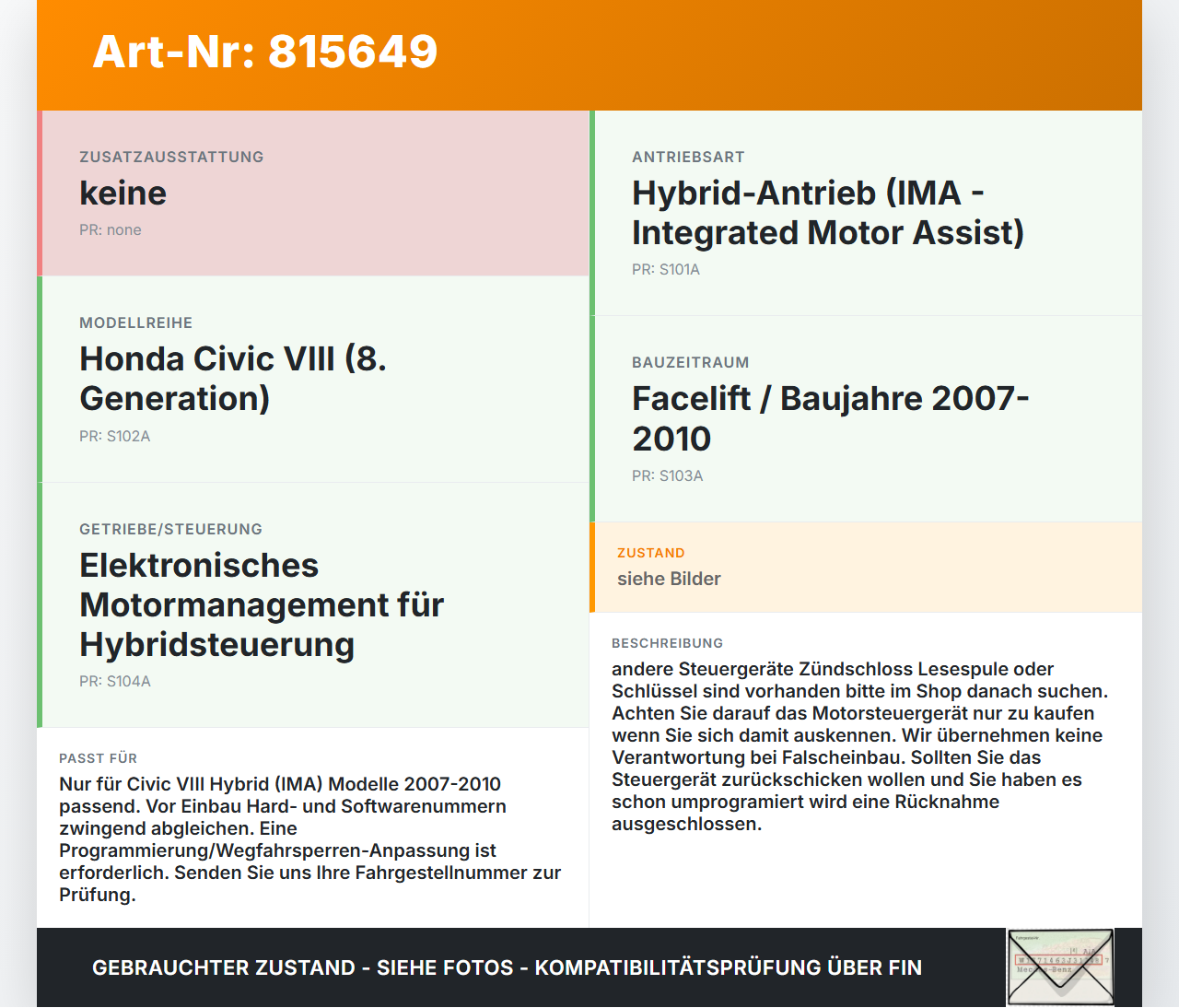 Honda Civic VIII Hybrid 07-10 IMA 1,3 70KW Steuergerät ECU für Motor Motorsteuergerät Honda Civic VIII Hybrid 07-10... Vorschau 3