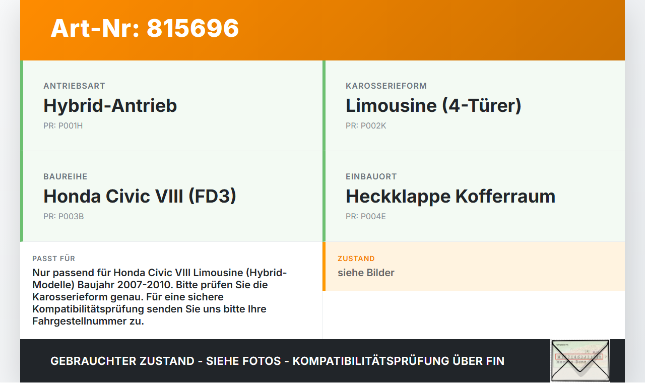 Honda Civic VIII Hybrid 07-10 Lim Dichtung Rahmen für Heckklappe Kofferraum Honda Civic VIII Hybrid 07-10... Vorschau 3