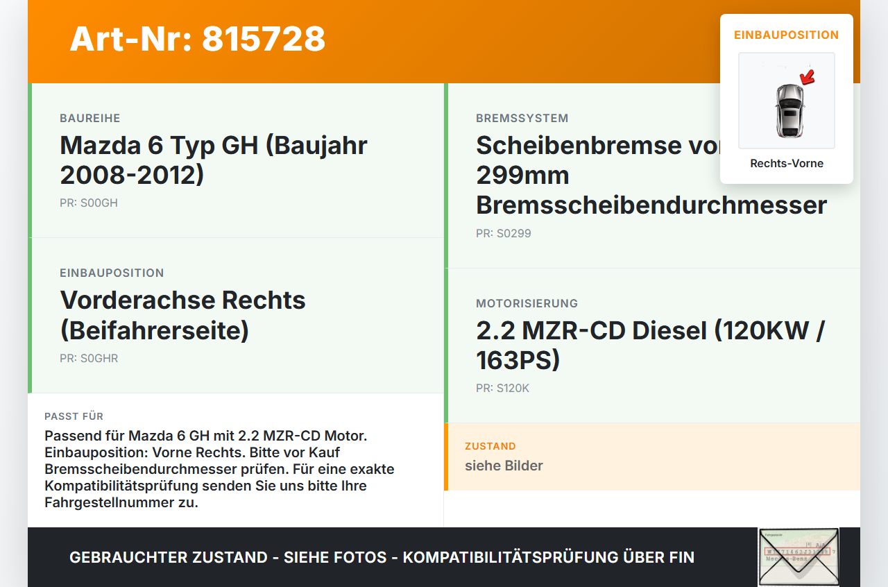 Mazda 6 GH 08-12 MZR-CD 2,2 120KW Bremssattel Bremszange Vorne Rechts Mazda 6 GH 08-12 11.03.2009 gebraucht Vorschau 3