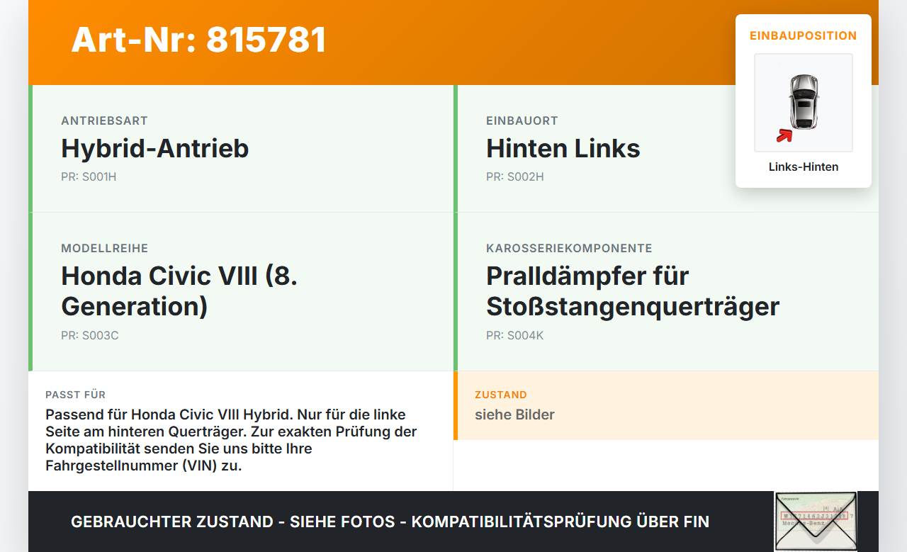 Honda Civic VIII Hybrid 07-10 Lim Pralldämpfer für Stoßstange Querträger Hinten Links Honda Civic VIII Hybrid 07-10... Vorschau 3