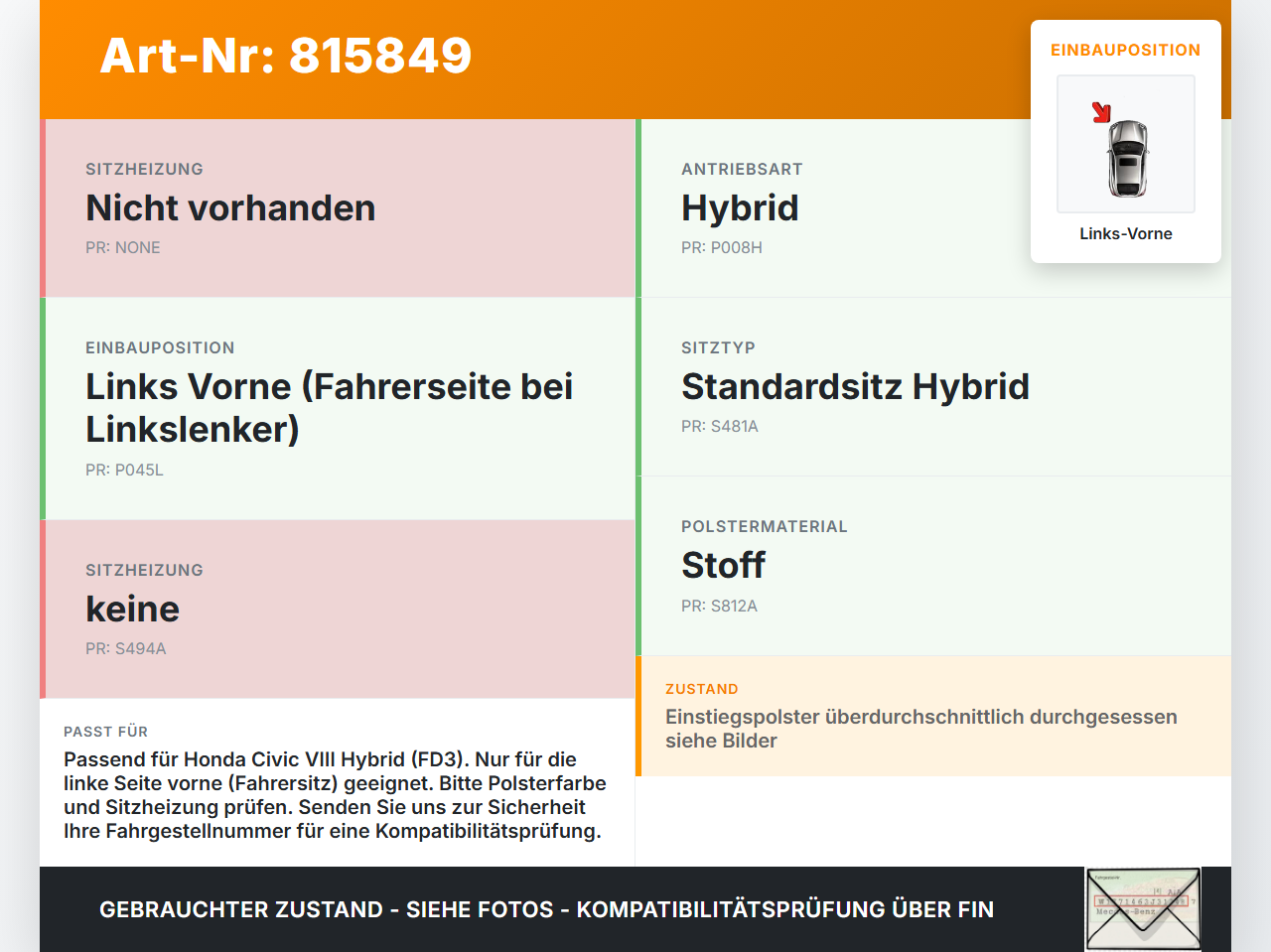 Honda Civic VIII Hybrid 07-10 Lim Sitzbezug Sitzpolster für Fahrersitz Sitz Links Vorne beheizt Honda Civic VIII... Vorschau 3
