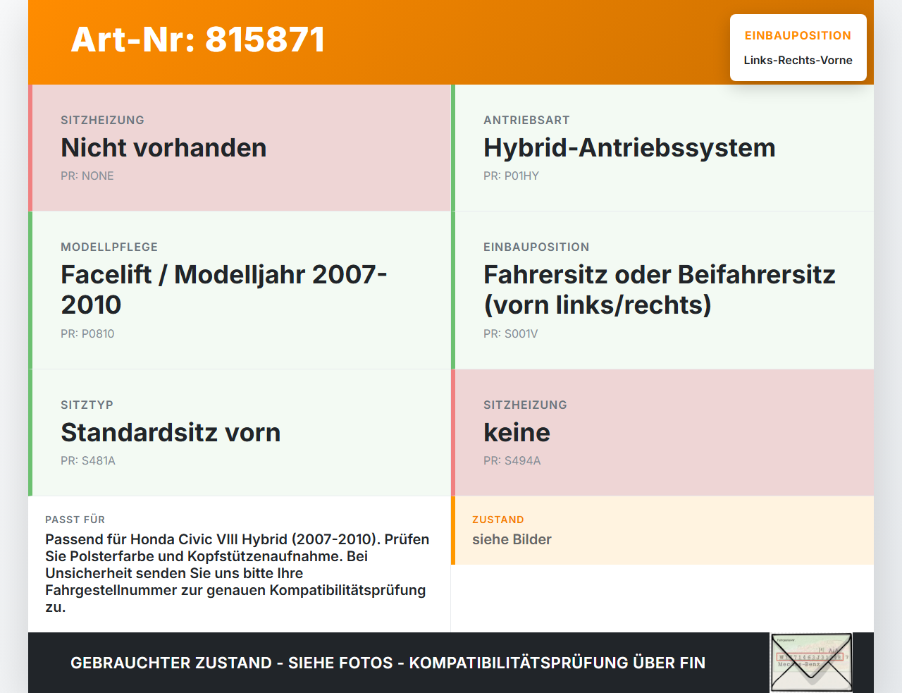 Honda Civic VIII Hybrid 07-10 Kopfstütze für Fahrer Sitz Rechts oder Links Vorne Honda Civic VIII Hybrid 07-10... Vorschau 3