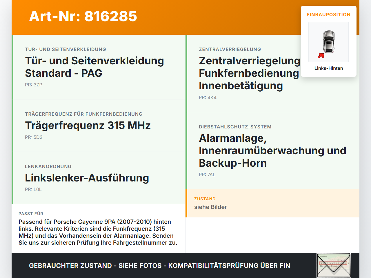 Porsche Cayenne 9PA 07-10 Türschloss m. ZV Stellmotor Links Hinten Porsche Cayenne 9PA 07-10 16.01.2008 7L0839015E... Vorschau 3