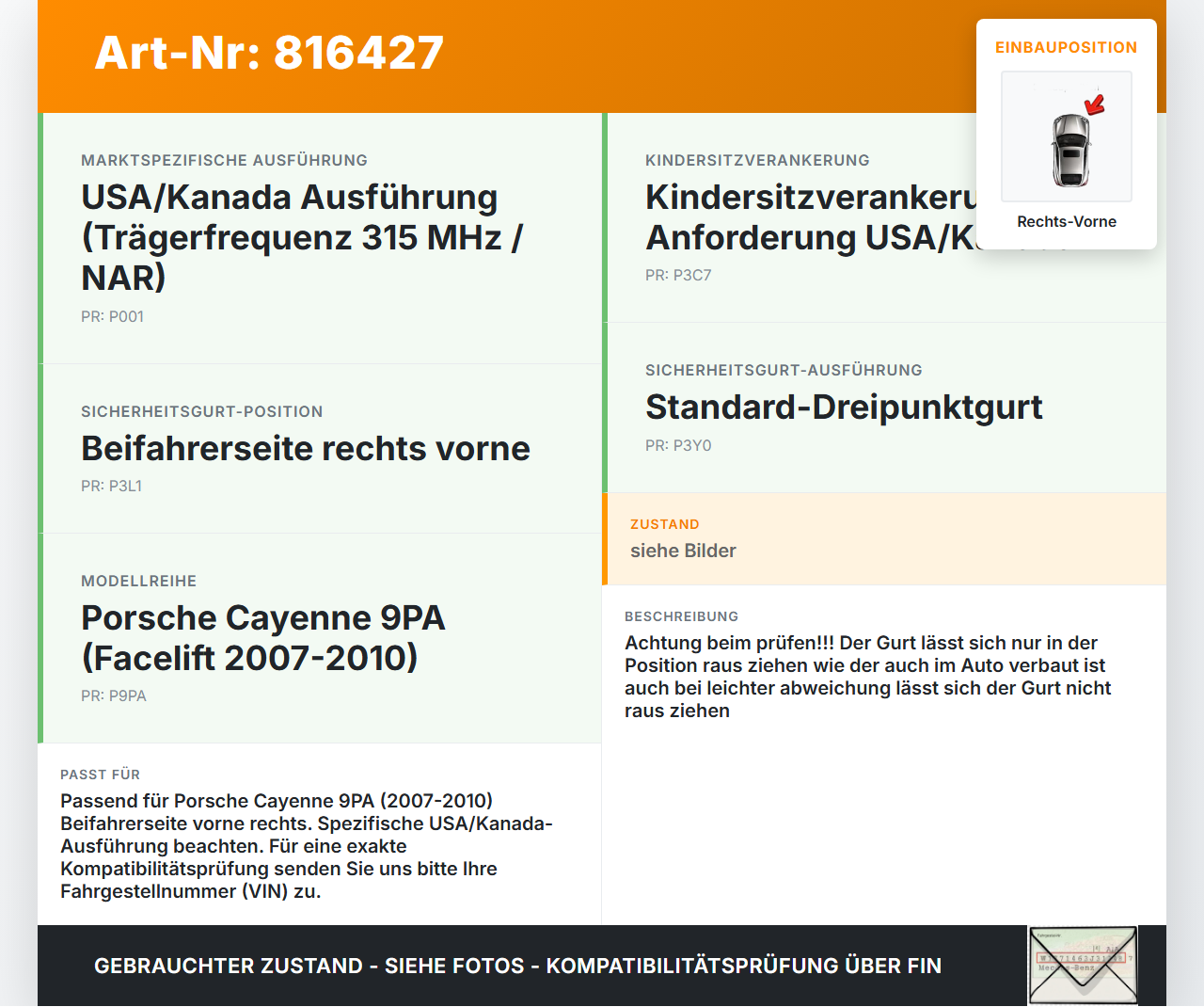 Porsche Cayenne 9PA 07-10 Gurt Sicherheitsgurt Gurtstraffer für Beifahrer Rechts Vorne Porsche Cayenne 9PA 07-10... Vorschau 3
