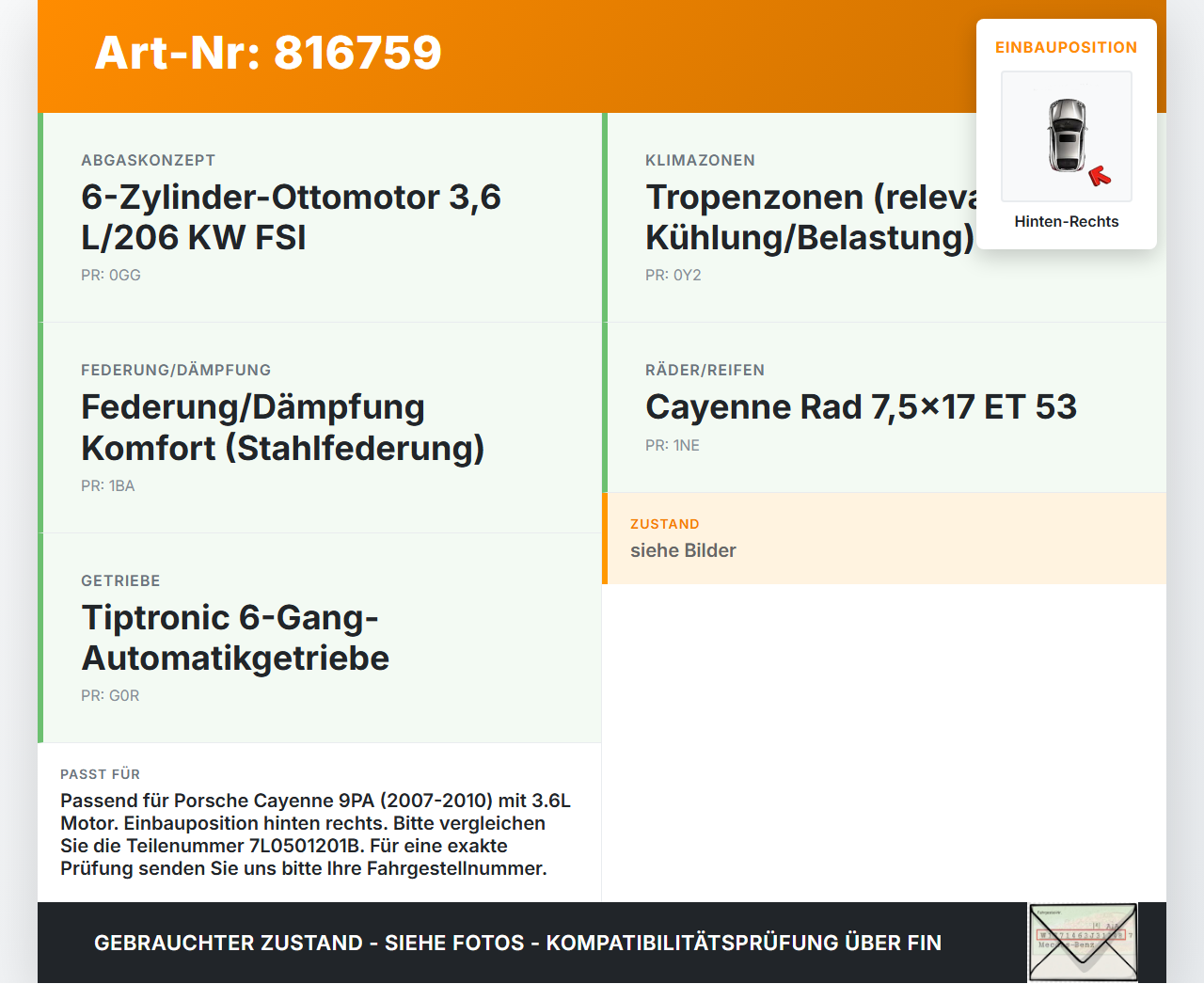 Porsche Cayenne 9PA 07-10  3,6 213KW Antriebswelle Gelenkwelle Hinten Rechts Porsche Cayenne 9PA 07-10 16.01.2008... Vorschau 3