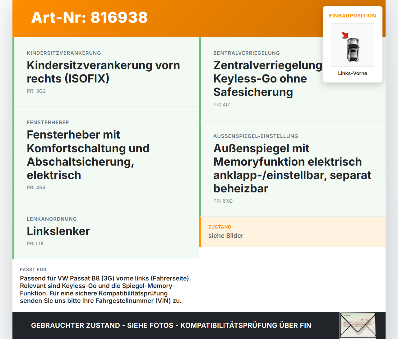 VW Passat 3G B8 14-19 Kombi Fensterhebermotor Links Vorne VW Passat 3G B8 14-19 28.04.2016 C22942-100 5Q4959801B... Vorschau 3