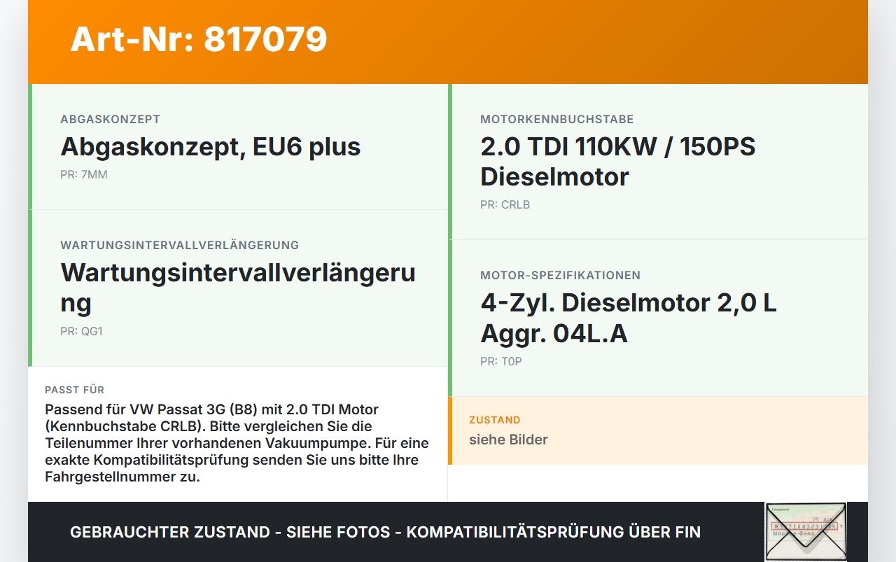 VW Passat 3G B8 14-19 TDI 2,0 110KW CRLB Unterdruckpumpe Vakuumpumpe VW Passat 3G B8 14-19 28.04.2016 06J145100G... Vorschau 3