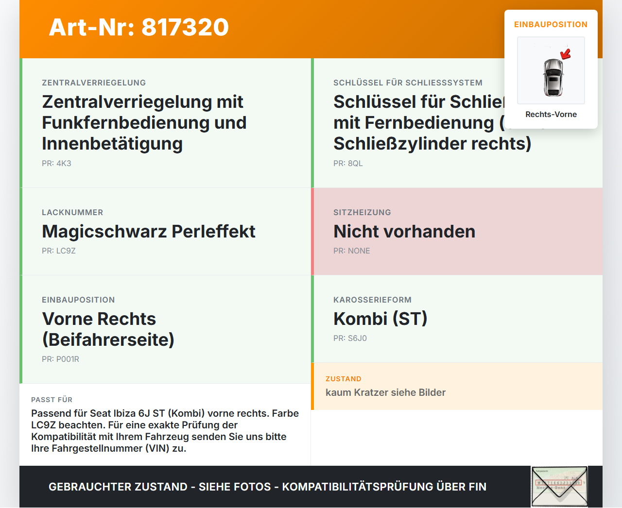 Seat Ibiza IV 6J ST 08-12 Kombi Türgriff Griff aussen Rechts Vorne LC9Z Seat Ibiza IV 6J ST 08-12 14.04.2011 gebraucht Vorschau 3