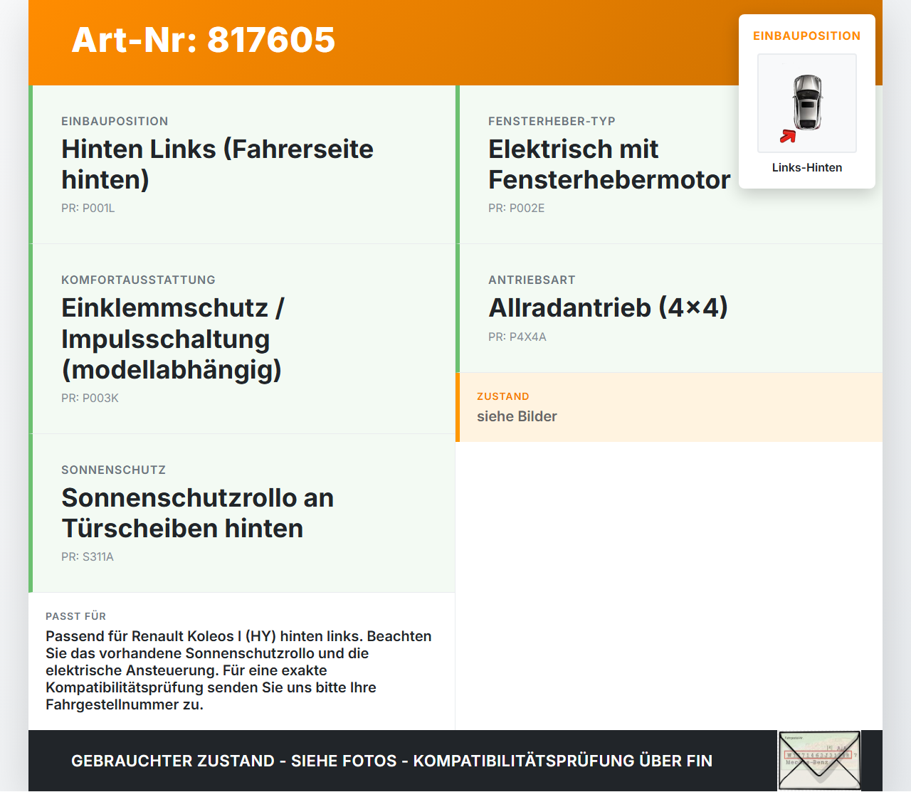 Renault Koleos I HY 4x4 07-11 Fensterhebermotor mit Fensterheber Links Hinten Renault Koleos I HY 4x4 07-11... Vorschau 3