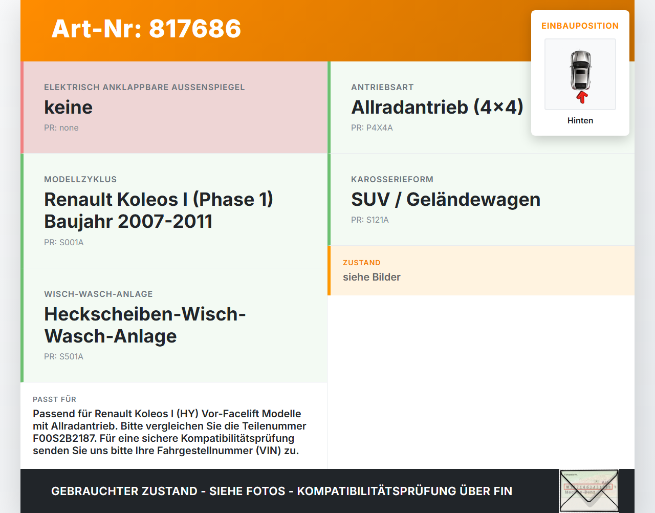 Renault Koleos I HY 4x4 07-11 Wischermotor Hinten Heckwischermotor Renault Koleos I HY 4x4 07-11 19.06.2009... Vorschau 3