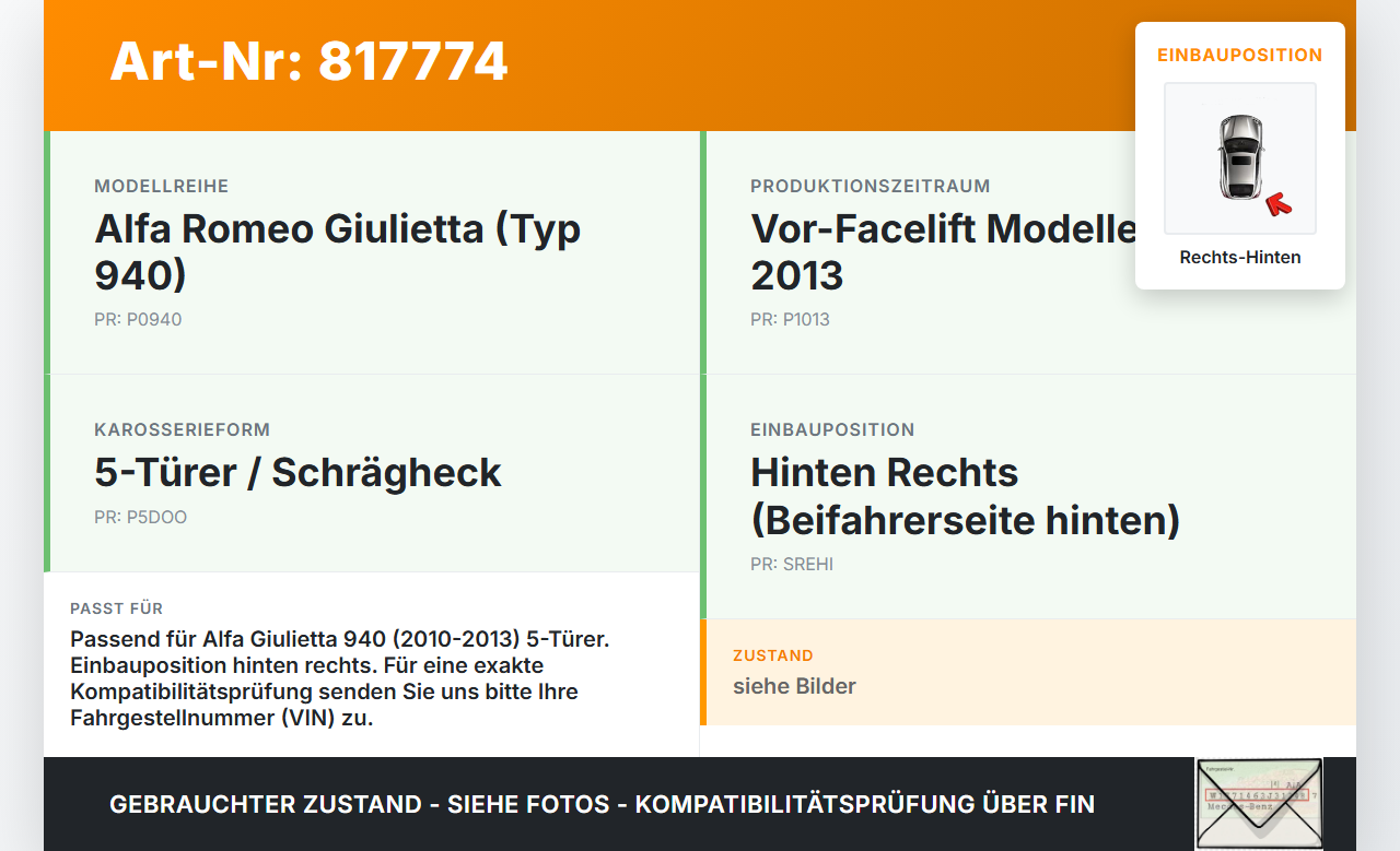 Alfa Giulietta 940 10-13 5T Dichtung für Rahmen Tür Rechts Hinten Alfa Giulietta 940 10-13 11.06.2010 gebraucht Vorschau 3