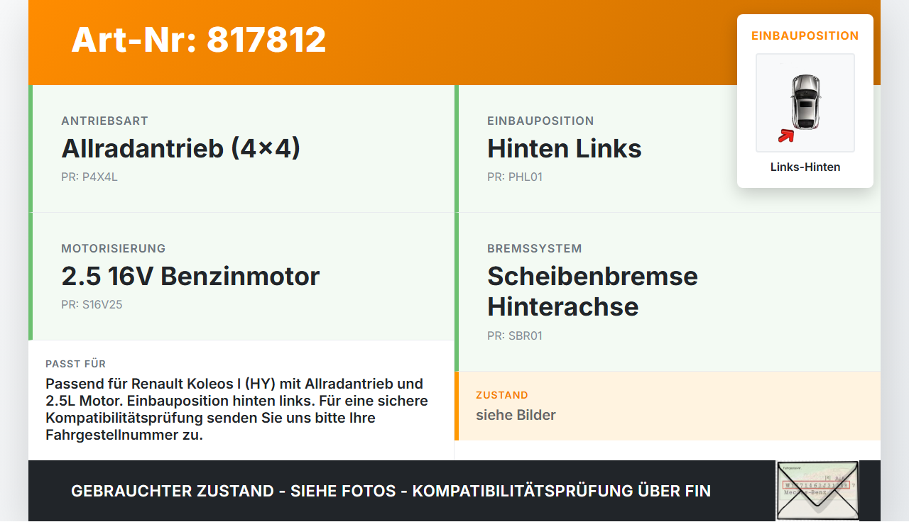 Renault Koleos I HY 4x4 07-11 16V 2,5 126KW Bremssattel Bremszange Hinten Links Renault Koleos I HY 4x4 07-11... Vorschau 3