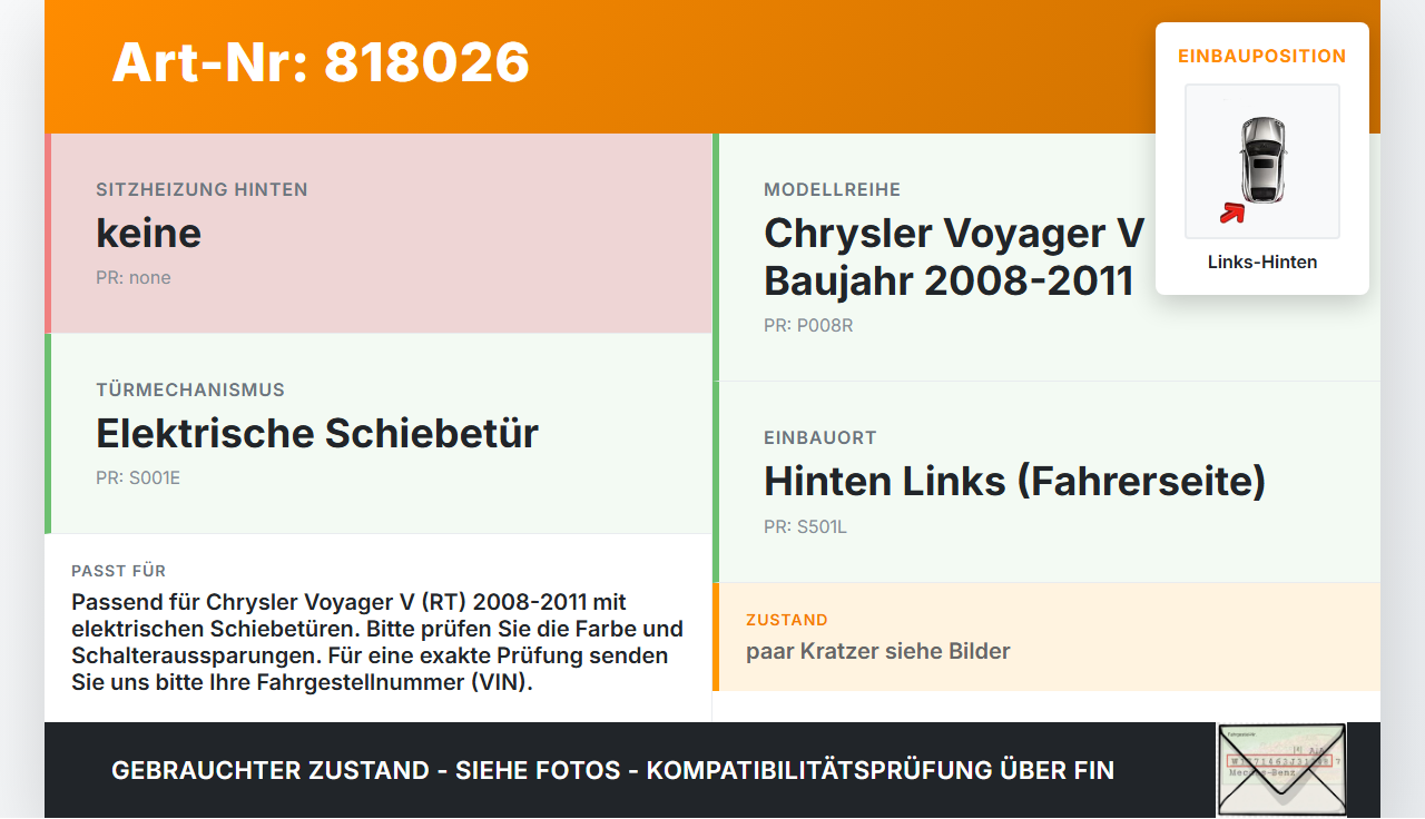 Chrysler Voyager V RT 08-11 Türverkleidung Türpappe Links Hinten Chrysler Voyager V RT 08-11 30.09.2007 gebraucht Vorschau 3