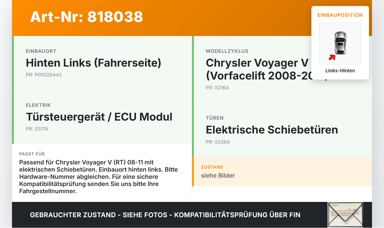 Chrysler Voyager V RT 08-11 Steuergerät ECU Modul SG Türsteuergerät Links Hinten Chrysler Voyager V RT 08-11... Vorschau 3
