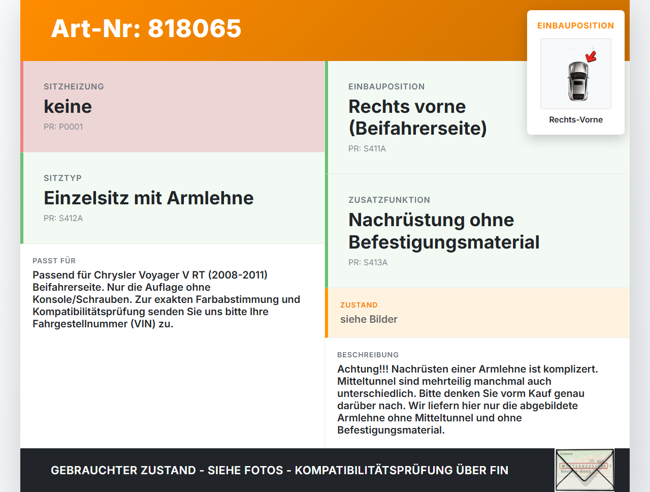 Chrysler Voyager V RT 08-11 Armlehne Mittelarmlehne Auflage Rechts Vorne Chrysler Voyager V RT 08-11 30.09.2007... Vorschau 3