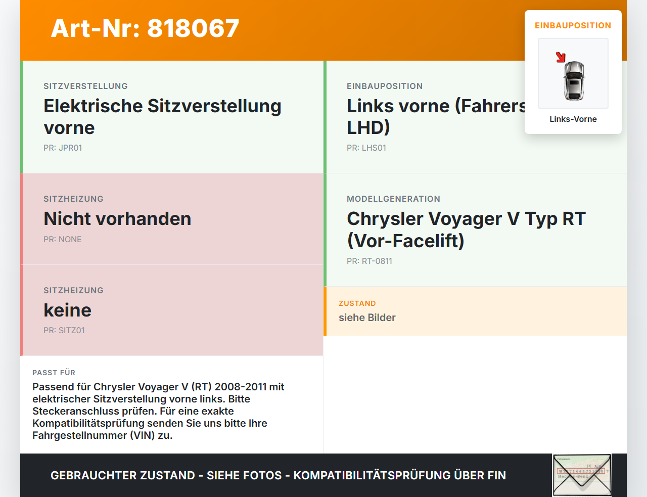 Chrysler Voyager V RT 08-11 Stellmotor für Elektr. Sitzverstellung Links Vorne Chrysler Voyager V RT 08-11... Vorschau 3