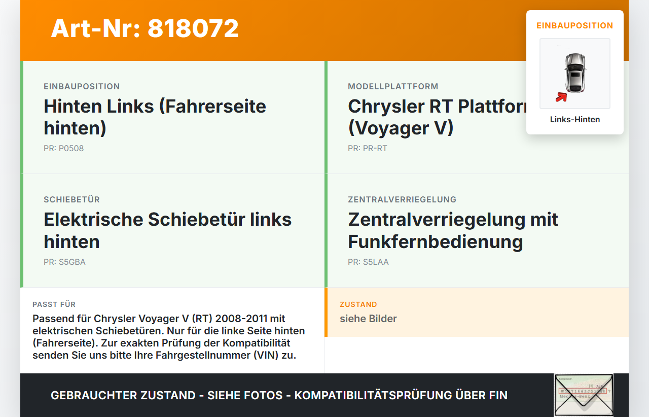 Chrysler Voyager V RT 08-11 Türschloss m. ZV Stellmotor Links Hinten Chrysler Voyager V RT 08-11 30.09.2007 B070806... Vorschau 3