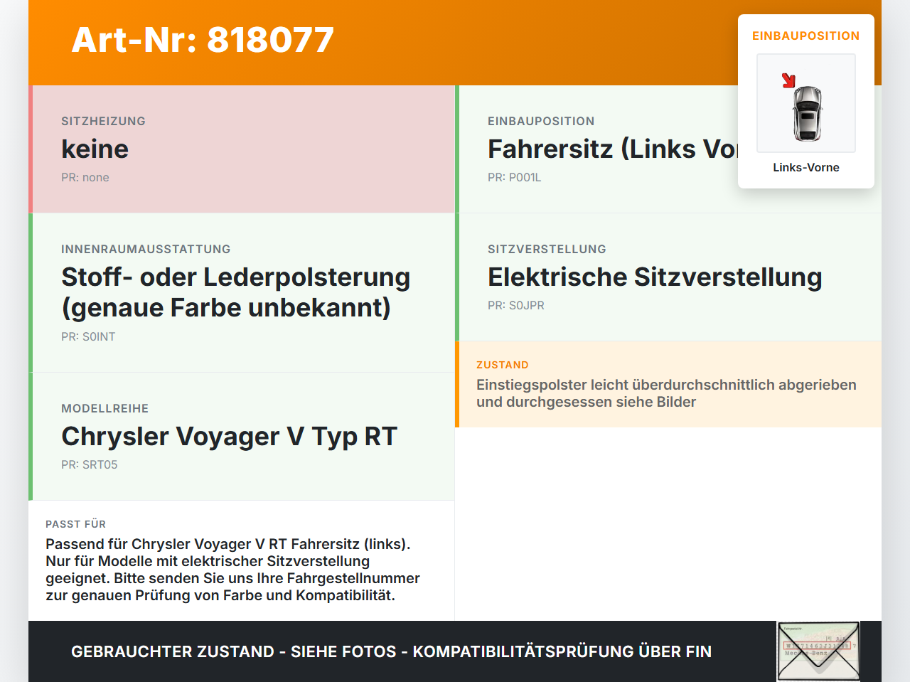 Chrysler Voyager V RT 08-11 Sitzbezug Sitzpolster für Fahrersitz Sitz Links Vorne Chrysler Voyager V RT 08-11... Vorschau 3