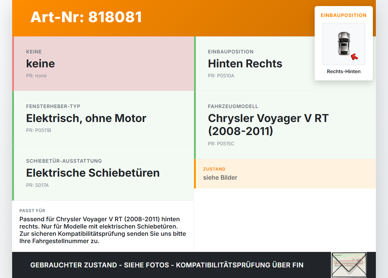 Chrysler Voyager V RT 08-11 Fensterheber o. FH-Motor Hinten Rechts Chrysler Voyager V RT 08-11 30.09.2007 gebraucht Vorschau 3