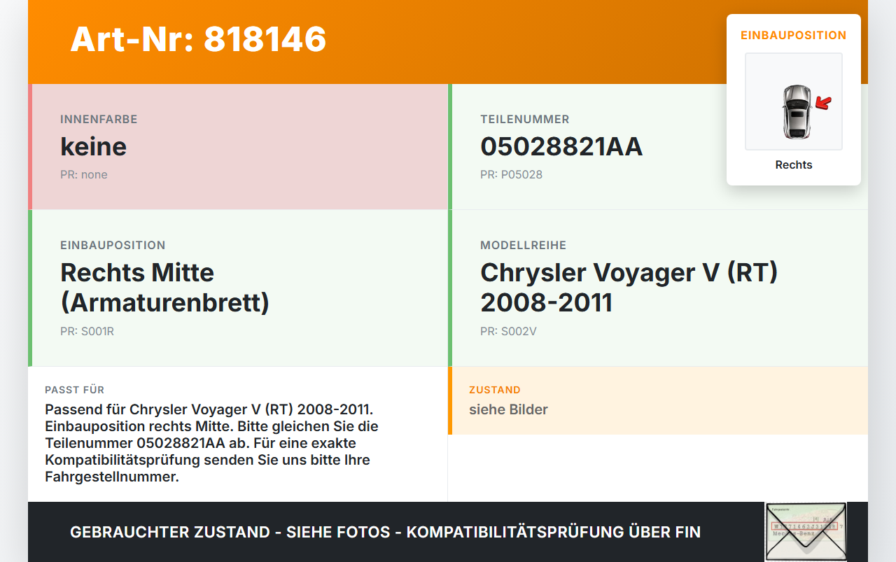 Chrysler Voyager V RT 08-11 Luftdusche Luftdüse Rechts Mitte Chrysler Voyager V RT 08-11 30.09.2007 05028821AA gebraucht Vorschau 3