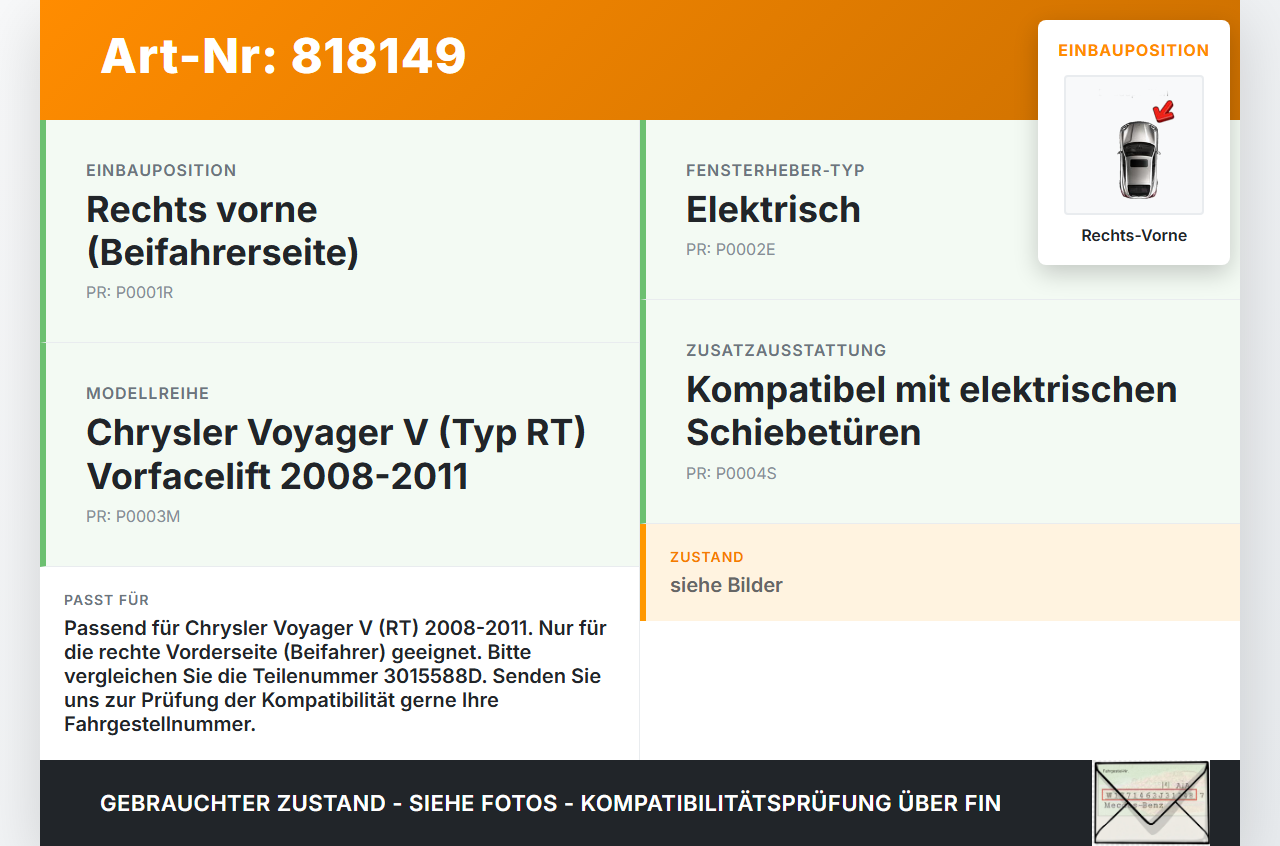 Chrysler Voyager V RT 08-11 Fensterhebermotor Rechts Vorne Chrysler Voyager V RT 08-11 30.09.2007 3015588D gebraucht Vorschau 3