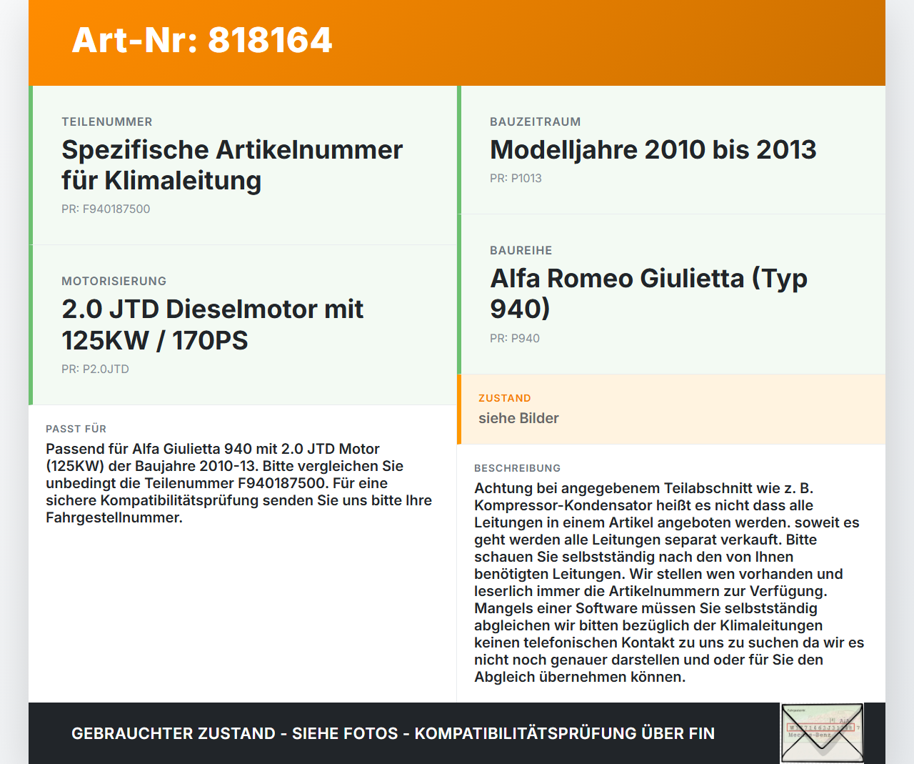 Alfa Giulietta 940 10-13 JTD 2,0 125KW Klimaschlauch Klimaleitung Alfa Giulietta 940 10-13 11.06.2010 F940187500... Vorschau 3
