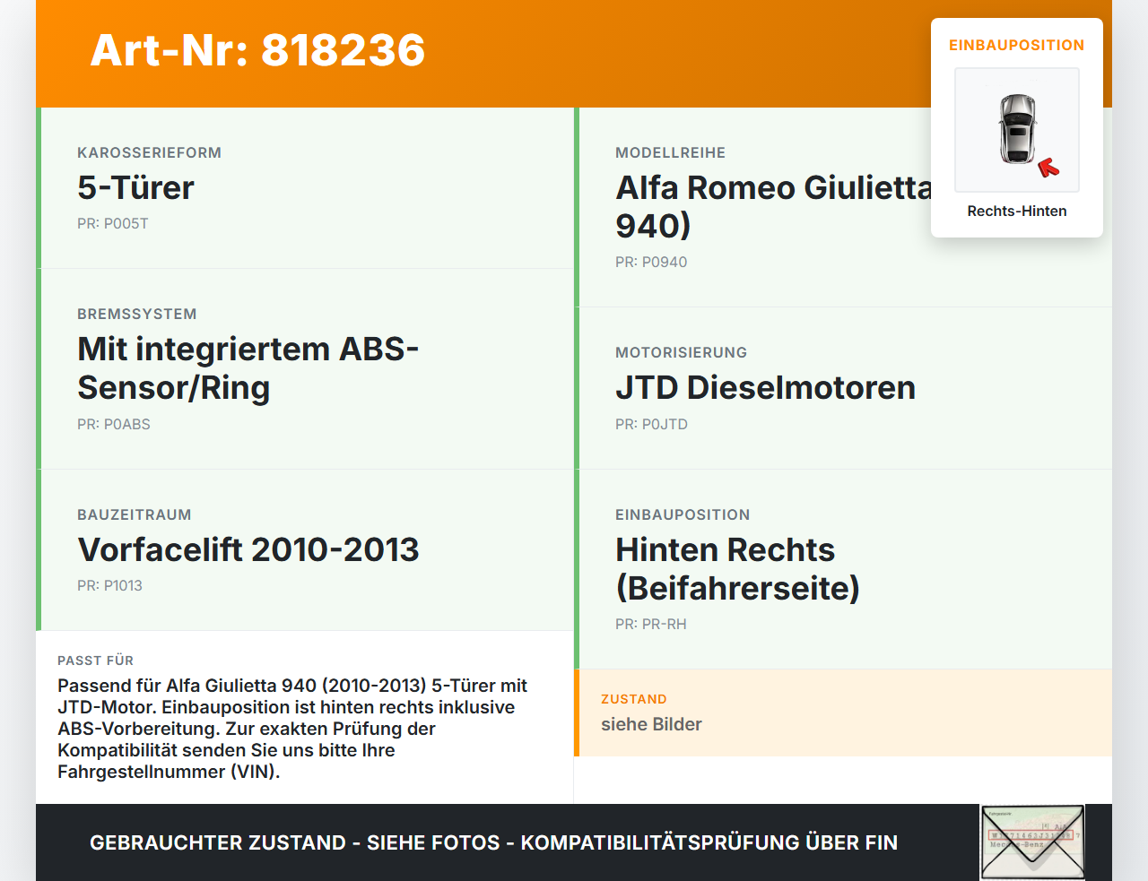 Alfa Giulietta 940 10-13 5T JTD 2,0 125KW Achsschenkel Radnabe mit ABS Rechts Hinten Alfa Giulietta 940 10-13... Vorschau 3