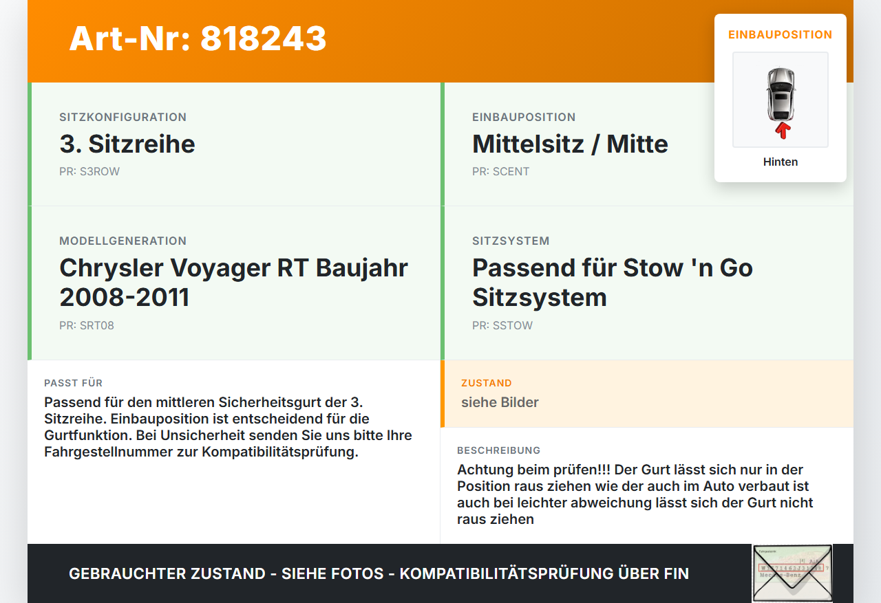 Chrysler Voyager V RT 08-11 Gurt Sicherheitsgurt Mitte Hinten 3te Reihe Chrysler Voyager V RT 08-11 30.09.2007... Vorschau 3