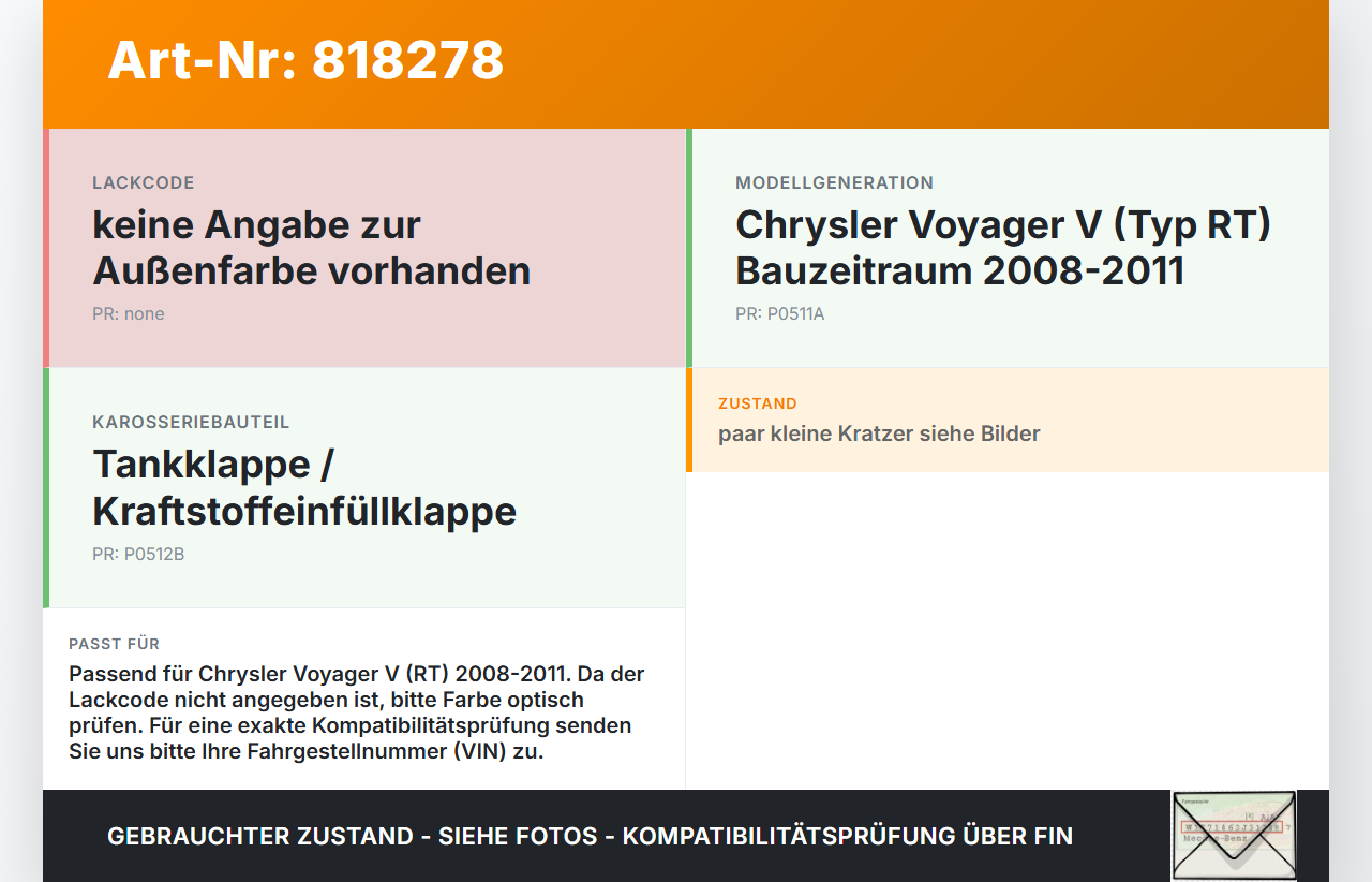 Chrysler Voyager V RT 08-11 Tankdeckel Tankklappe Chrysler Voyager V RT 08-11 30.09.2007 gebraucht Vorschau 3