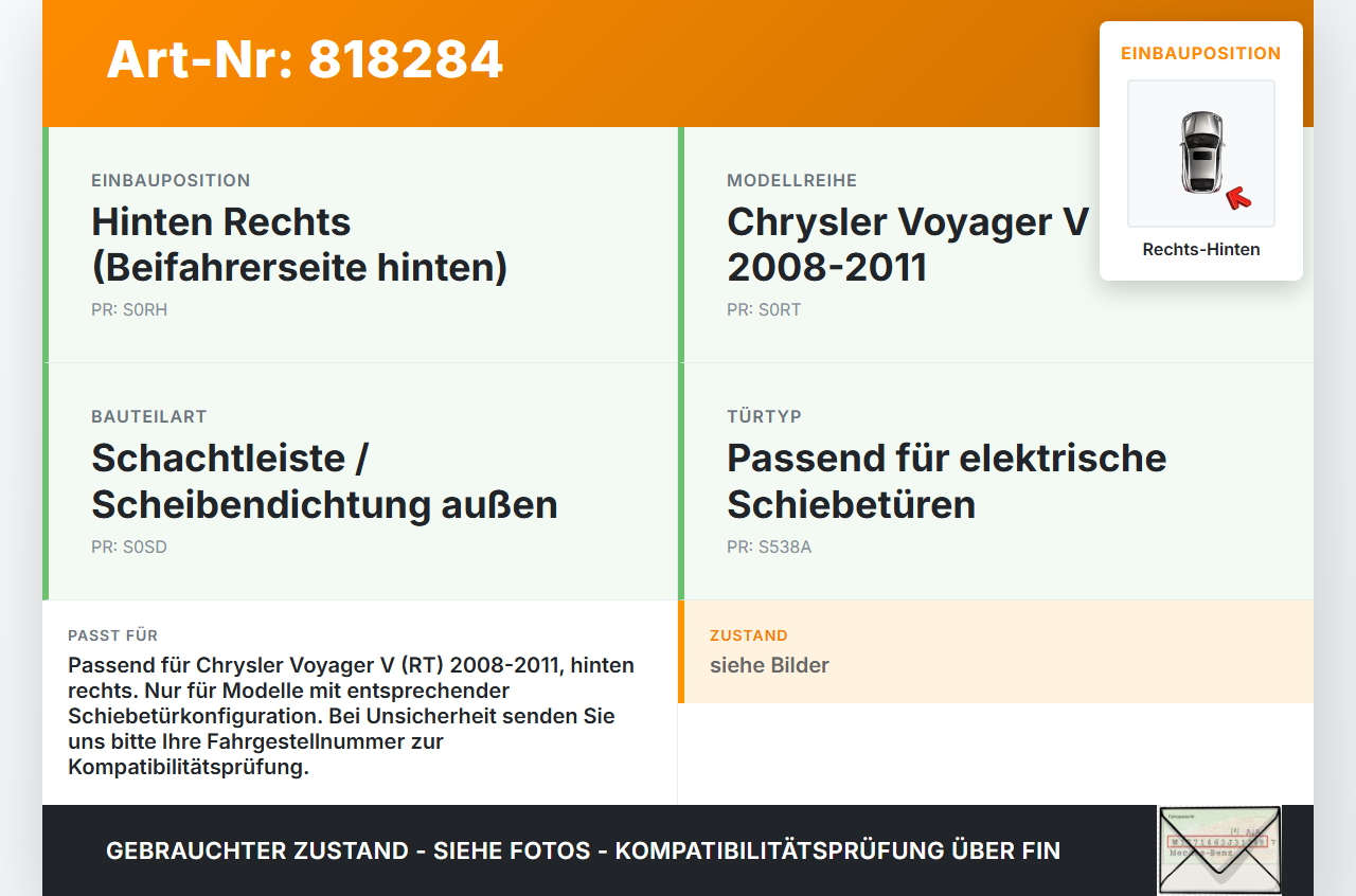 Chrysler Voyager V RT 08-11 Leiste für Tür Scheibendichtung Rechts Hinten Chrysler Voyager V RT 08-11 30.09.2007... Vorschau 3