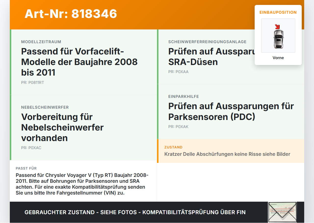 Chrysler Voyager V RT 08-11 Stoßstange Stoßfänger Frontschürze Vorne Chrysler Voyager V RT 08-11 30.09.2007 gebraucht Vorschau 3