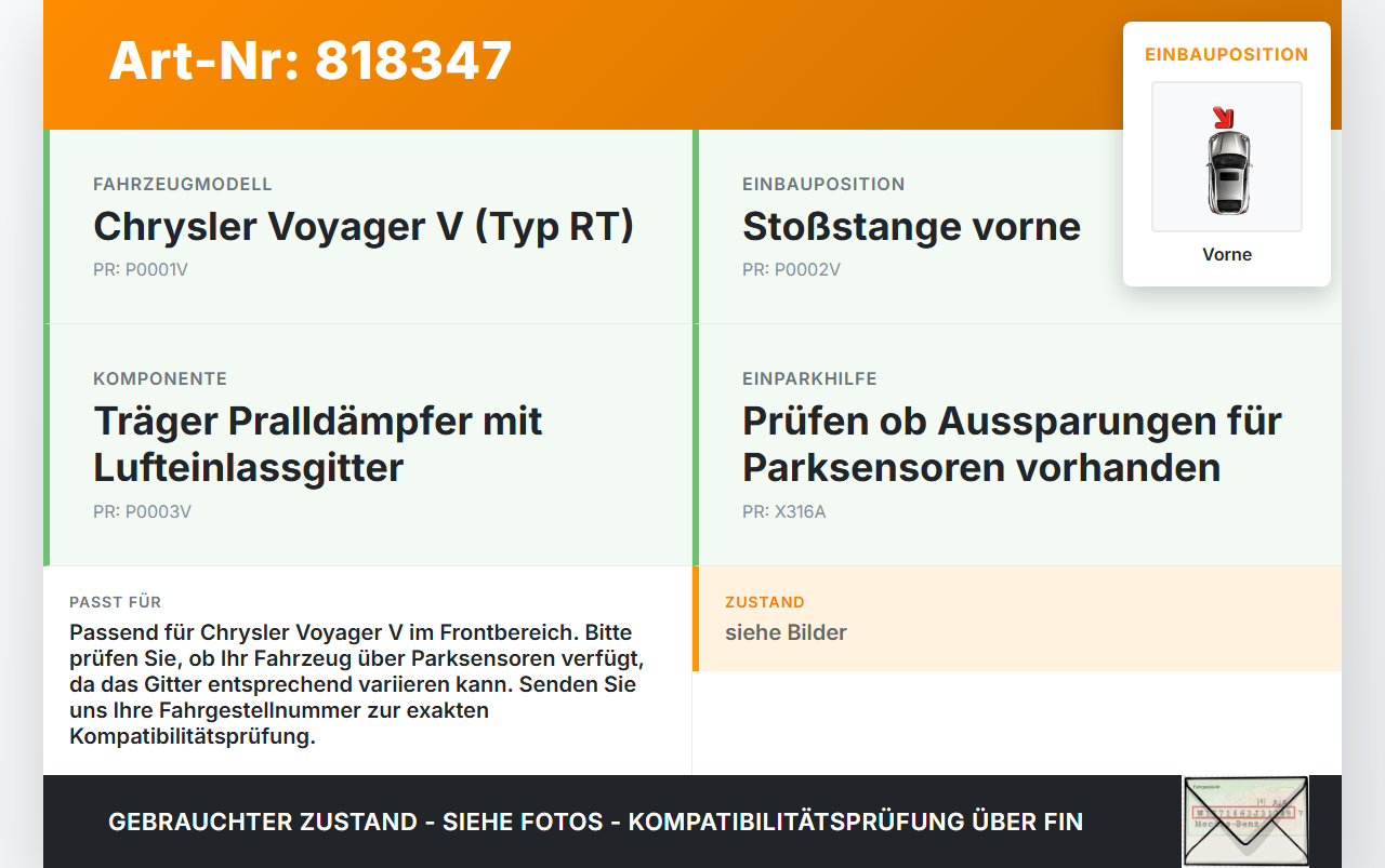 Chrysler Voyager V RT 08-11 Träger Pralldämpfer mit Lufteinlassgitter für Stoßstange Vorne Chrysler Voyager V RT... Vorschau 3