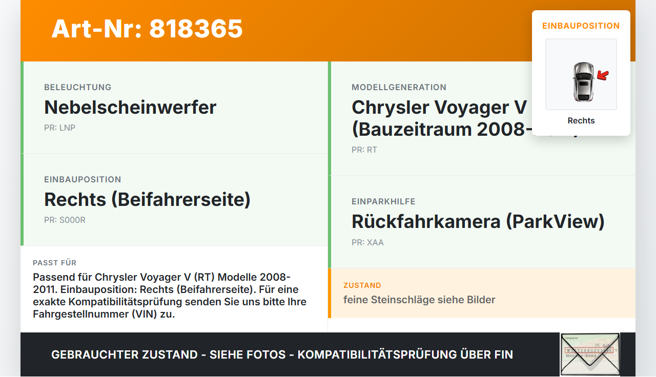 Chrysler Voyager V RT 08-11 Nebelscheinwerfer Rechts orig Chrysler Voyager V RT 08-11 30.09.2007 gebraucht Vorschau 3