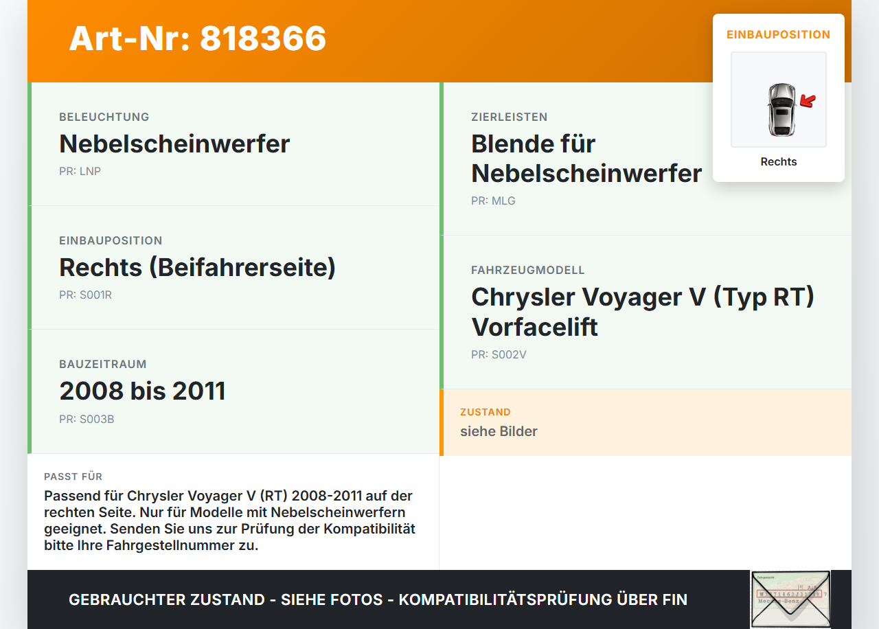 Chrysler Voyager V RT 08-11 Blende für Nebelscheinwerfer Stoßstange Rechts Chrysler Voyager V RT 08-11 30.09.2007... Vorschau 3