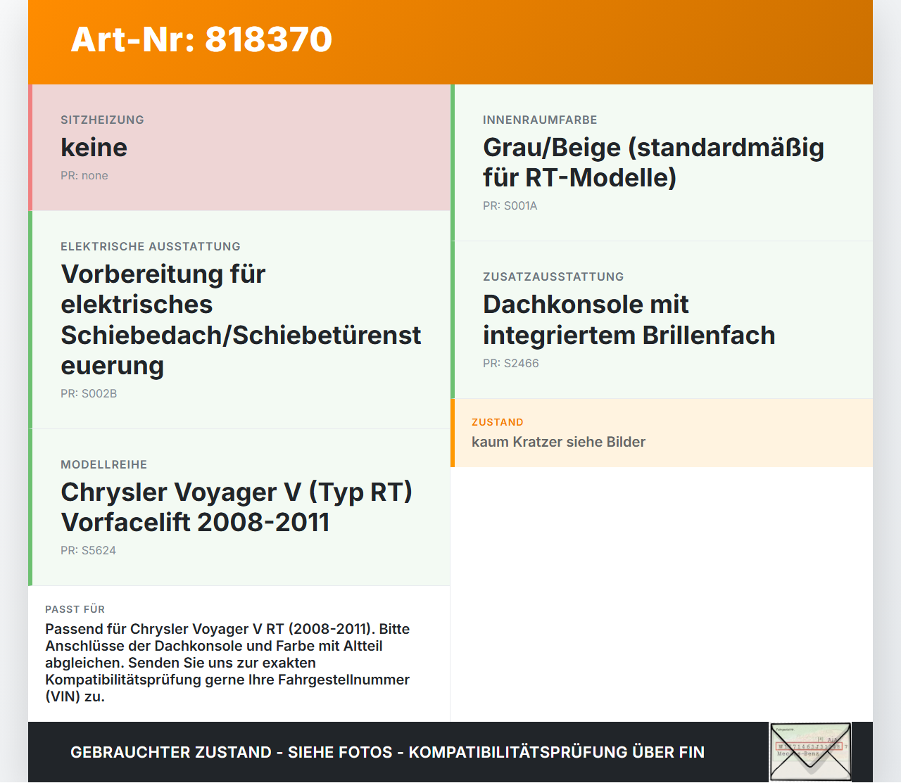 Chrysler Voyager V RT 08-11 Deckenkonsole Staufach Brillenfach Chrysler Voyager V RT 08-11 30.09.2007 5624660... Vorschau 3