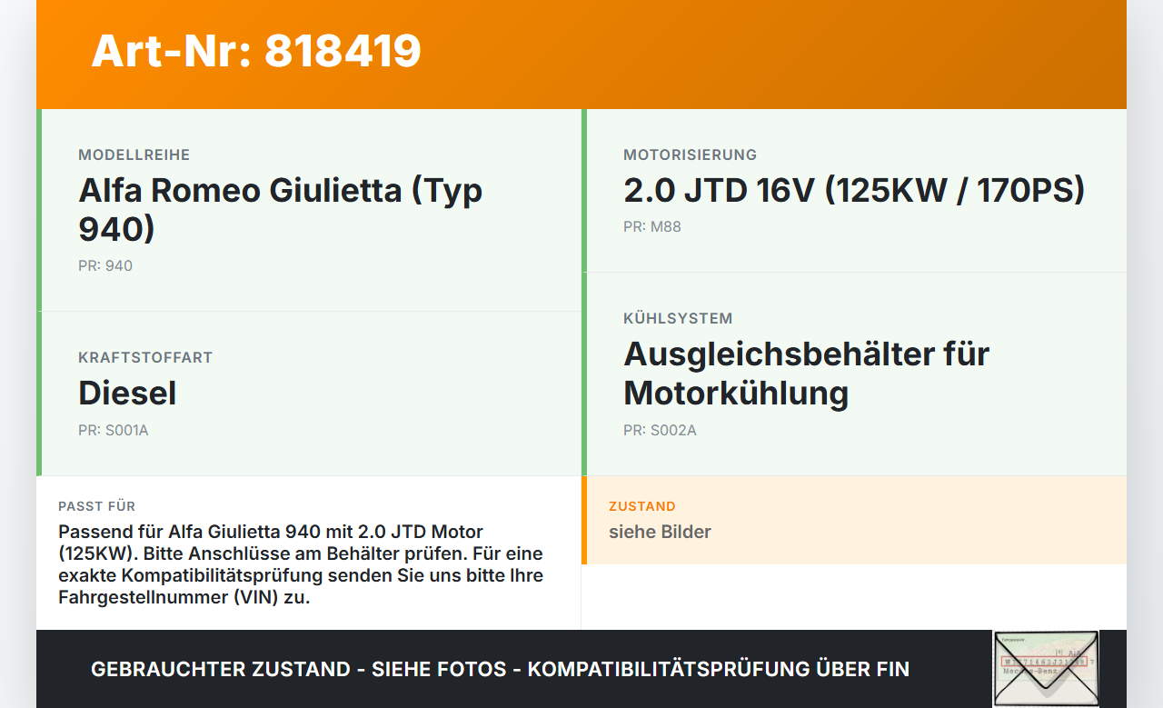 Alfa Giulietta 940 10-13 JTD 2,0 125KW Ausgleichsbehälter für Kühlmittel Alfa Giulietta 940 10-13 11.06.2010 gebraucht Vorschau 3