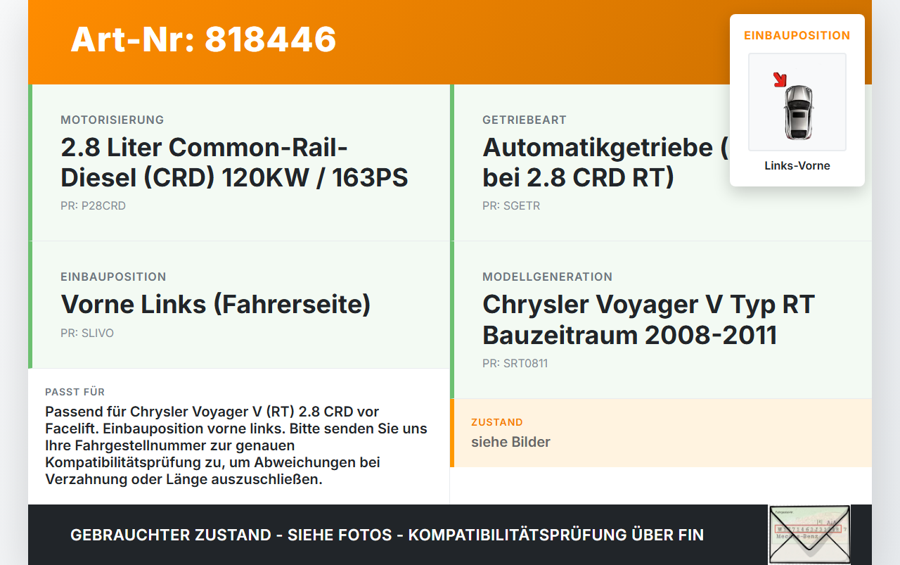 Chrysler Voyager V RT 08-11 CRD 2,8 120KW Autom Antriebswelle Gelenkwelle Links Vorne Chrysler Voyager V RT 08-11... Vorschau 3