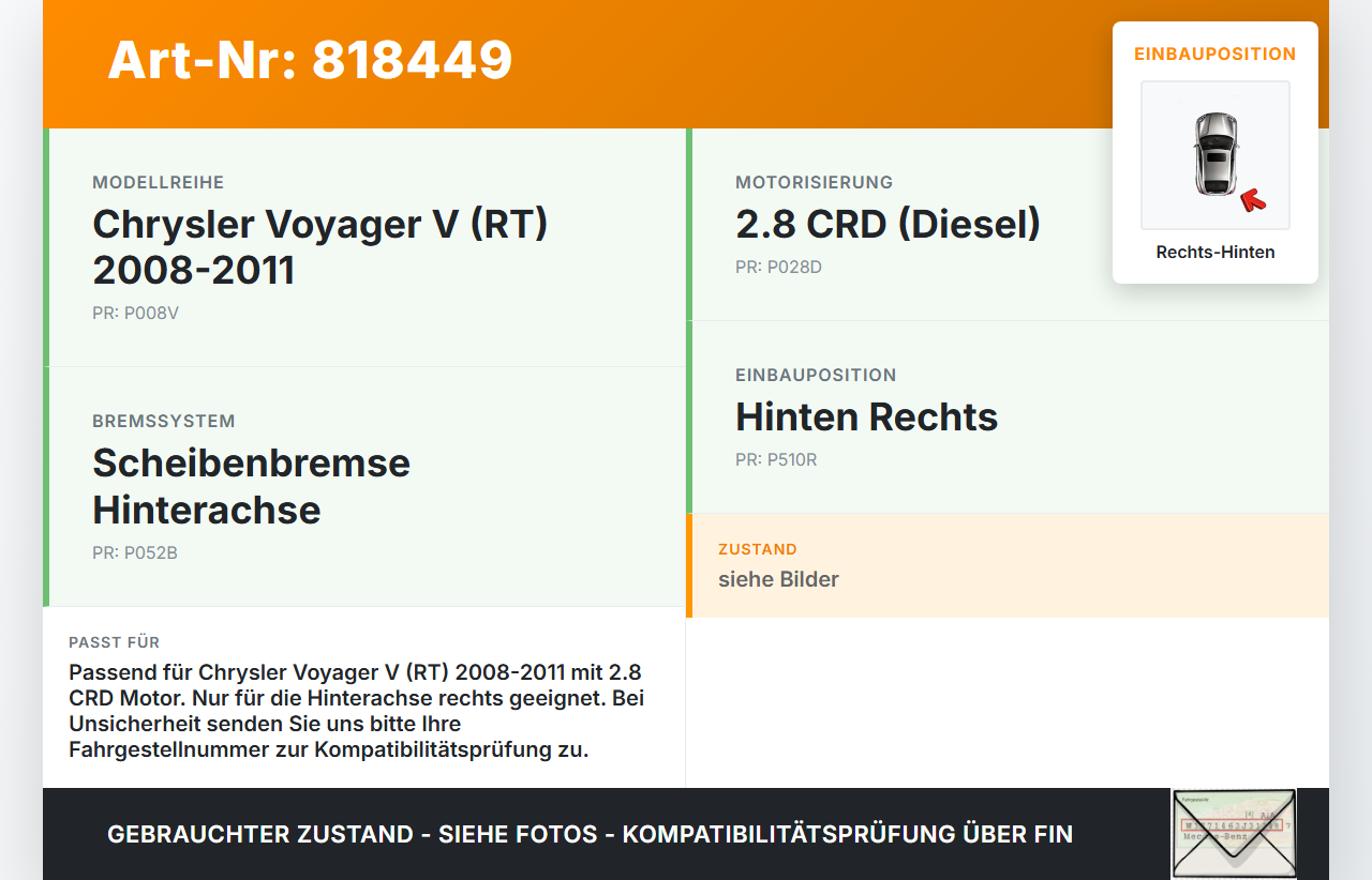 Chrysler Voyager V RT 08-11 CRD 2,8 120KW Bremssattel Bremszange Hinten Rechts Chrysler Voyager V RT 08-11... Vorschau 3