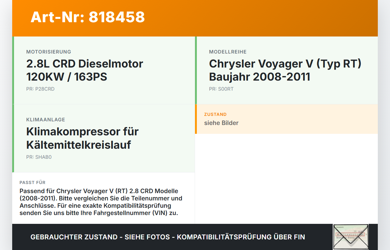 Chrysler Voyager V RT 08-11 CRD 2,8 120KW Klimakompressor Klima Kompressor Chrysler Voyager V RT 08-11 30.09.2007... Vorschau 3