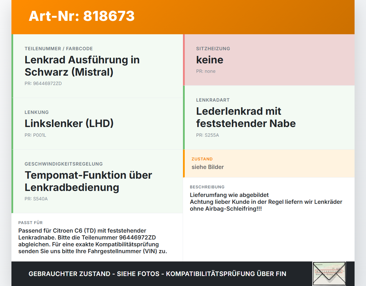 Citroen C6 TD 05-11 Lenkrad Airbaglenkrad Citroen C6 TD 05-11 05.01.2007 96446972ZD 3084163 gebraucht Vorschau 3